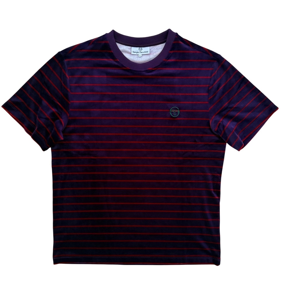 Sergio Tacchini Foggia Velour T-Shirt Fuchsia Navy Stripe, Textured Knit, Size L